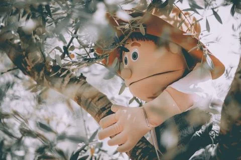 Farmer puppet sitting in olive tree Foto stock