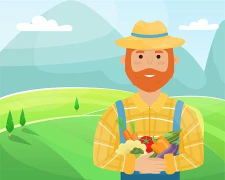 A farmer with a red beard in a straw hat, a plaid shirt and a crop in hands Illustrazione stock