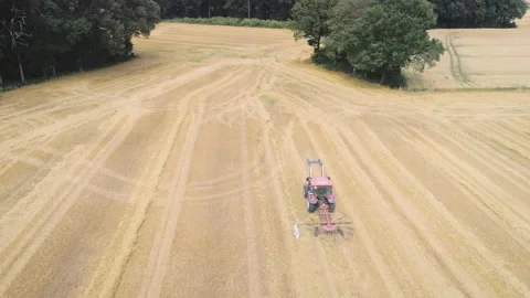 Farmer with red tractor plows open country field at summer Stock Footage 135253400