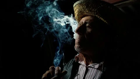Farmer is resting in the evening over a good cigar.An elderly man in a straw hat Stock Footage 139066019