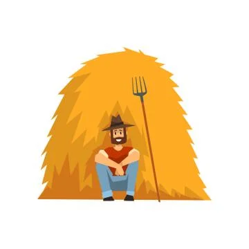 Farmer resting sitting by the haystack vector Illustration on a white background Stock Illustration