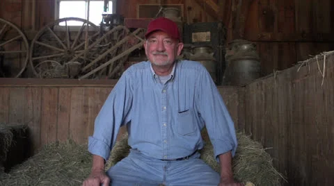 Farmer sitting on hay in a barn Stock Footage 25198879