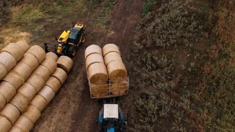 Farmer stacking round bales of straw from with a front end loader. Store hay at Vídeos de archivo 169764185
