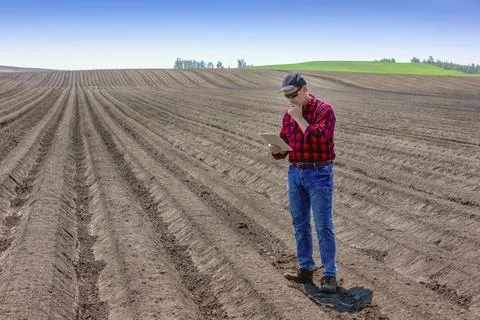 A farmer stands using a tablet on freshly tilled farmland, Alberta, Canada Stock Photos