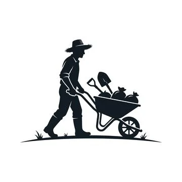 Farmer with straw hat pushing wheelbarrow filled with tools and harvest. Stock Illustration
