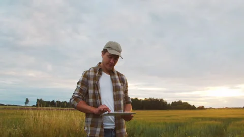 Farmer with a tablet computer in front of a sunset agricultural landscape. Man Stock Footage 202177145