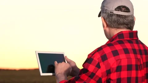 Farmer tablet hand. farmer own farm using tablet engage digital agriculture Stock Footage 246600860
