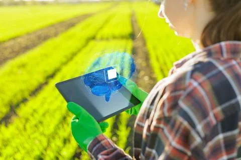 A farmer with a tablet successfully uses artificial intelligence at an agri.. Foto stock