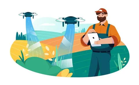 Farmer with tablet using drone to automate irrigation of field Stock Illustration