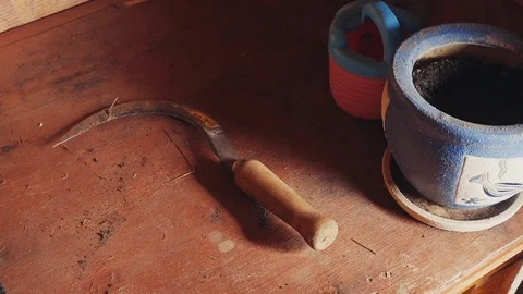 The farmer takes the reaping hook  from the table. Stock Footage 114652394
