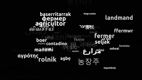 Farmer Translated in 60 Worldwide Languages Endless Looping 3d Zooming Wordcl Stockbeeldmateriaal 145229678