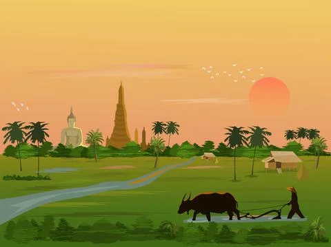 A farmer is using buffalo to shovel the soil in a rice field with a Buddha Stock Illustration