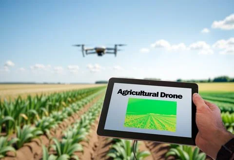Farmer using drone and tablet for precision agriculture in crop field Stock Photos