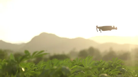  Farmer using drone flying navigating above farmland with beautiful sunrise. Stock Footage 158911896