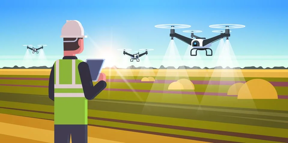 Farmer using drone sprayer quad copter flying to spray fertilizer on field sm Illustrazione stock