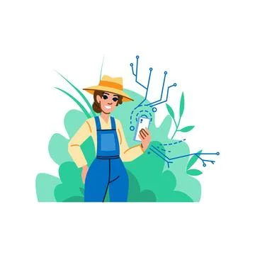 Farmer using mobile phone and smart farming technologies in agriculture Stock Illustration