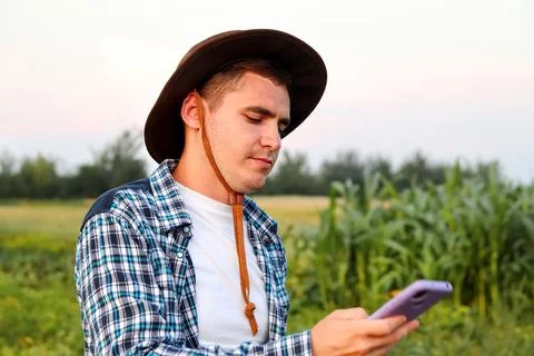 Farmer using phone. a dedicated farmer stands, attentively examining the crops 写真素材