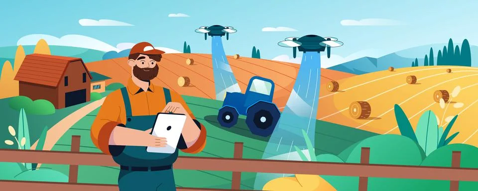 Farmer using robot drone to irrigation of agricultural field Stockillustratie