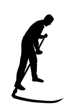 Farmer using scythe to cut grass vector silhouette Illustrazione stock
