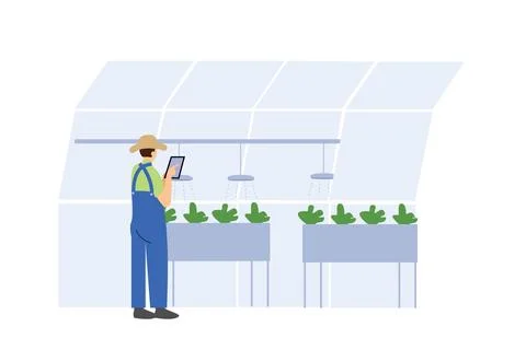 Farmer Using Tablet App in Greenhouse for IoT Smart Farming Illustrazione stock