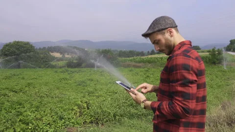 Farmer using tablet looks at his field. Stock-Footage 212243375