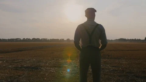 The farmer views his field at sunset. Stock Footage 113178129