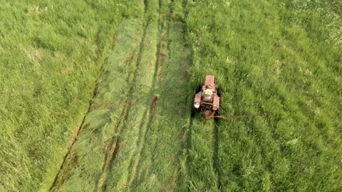 Farmer on a vintage tractor without a cab mows the grass rides through a meadow Stock Footage 136072009