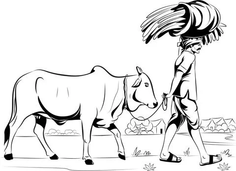Farmer walking with cow Stock Illustration