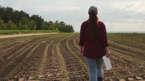 Farmer walks boots ground, working with tablet farm, business agriculture Stock Footage 245864218