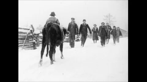 Farmer Walks Through Group Of Children Going To School In Winter Stock Footage 113298523