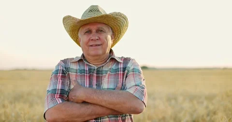 Farmer on a wheat field. Elderly man in hat with a folder walking inside the Video stock 157713908