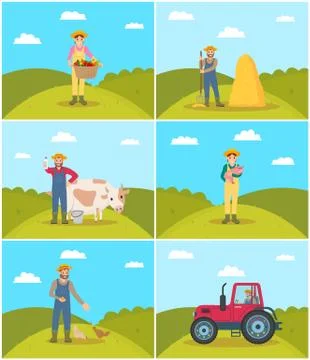 Farmer with Wicker Basket Set Vector Illustration Stock Illustration