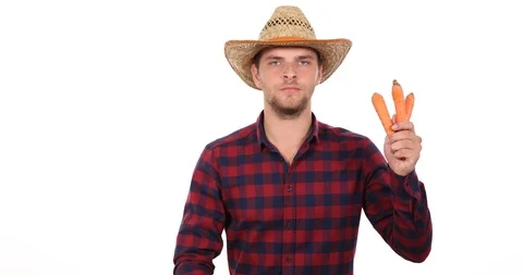 Farmer Worker Man Holding Fresh Carrots and Showing Ok Sign Organic Food Quality Stock Footage 87904175