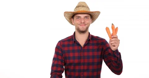 Farmer Worker Presentation Thumb Up Sign Holding Bio Carrots Harvest Production Stock Footage 73586059