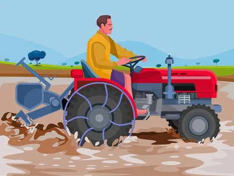 Farmer working and Driving Tractor Stock Illustration