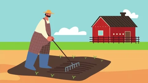 Farmer working in field with rake near red barn on sunny day with clouds. Vídeos de archivo 334535637