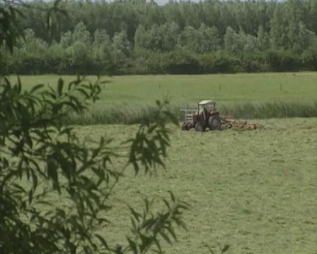 Farmer working in hay field, using a tractor with rake attachment Stock Footage 63628335