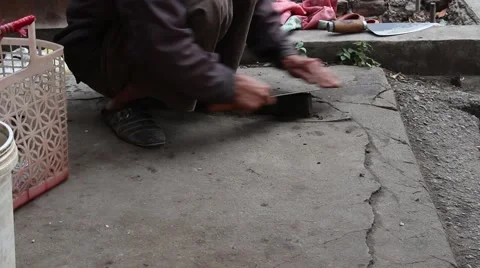 Farmer working knife sharpener Stock Footage 46457723