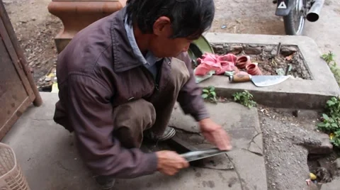 Farmer working knife sharpener Stock Footage 46458406