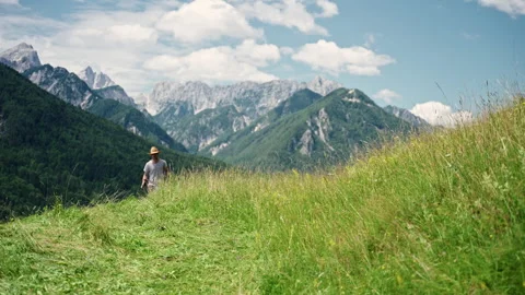 Farmer works hard mowing grass on a small alpine farm under a clear sky Stock Footage 344151055