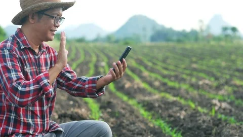 Farmers are using smartphones to communicate with loved ones happily. Stock Footage 134697802