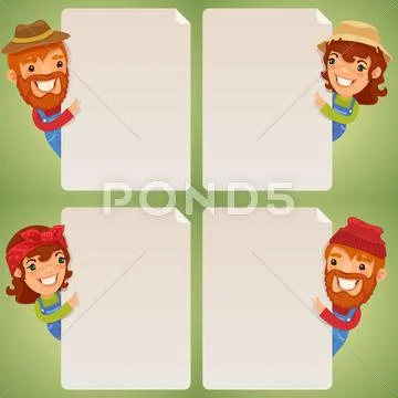 Farmers cartoon characters looking at blank poster set Stock Illustration