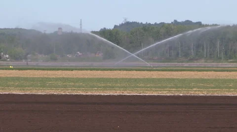 Farmers doing crop irrigation during drought and hot dry weather on farm Stock Footage 64210648
