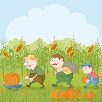 Farmers with the harvest of pumpkins Illustrazione stock