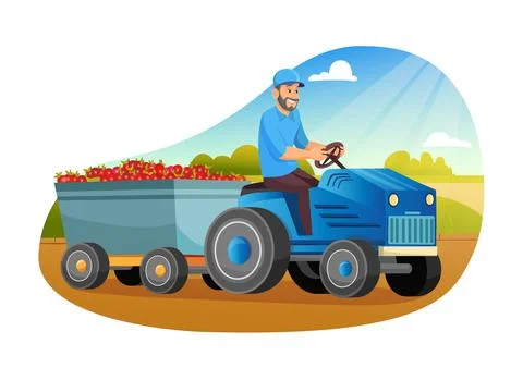 Farmers Loading apples on Tractor Trailer. Local Farm Grown Organic Food, Eco Stock Illustration