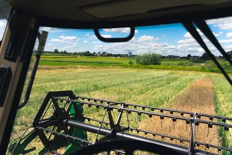 Farmer's point of view from operator's cap in combine harvester. Reel and front Stock Photos