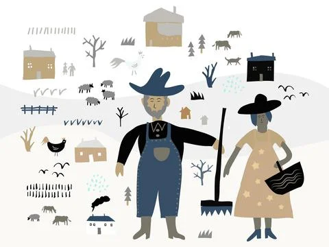 Farmers working on the farm, pattern background Stock Illustration