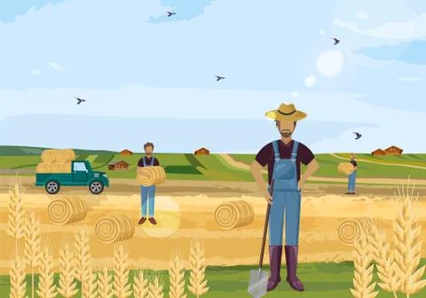 Farmers working hay fields vector flat styles Illustrazione stock