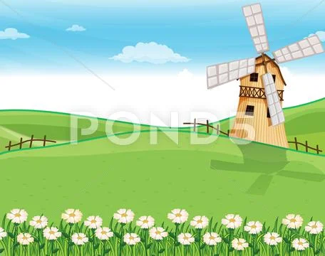 A farmhouse above the hills with a windmill Stock Illustration