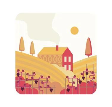 Farmhouse among vineyard fields - flat cartoon illustration in square frame Stock Illustration